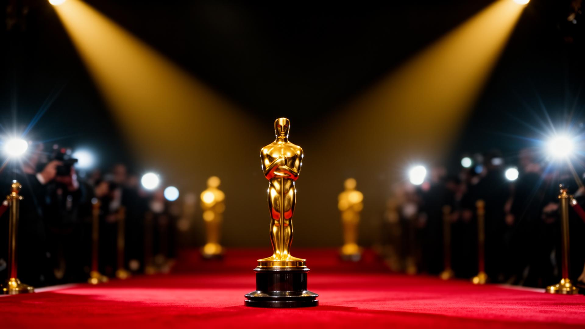 Gold film award statue on red carpet under spotlights