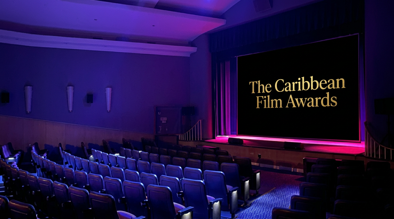 Theater N auditorium with the Caribbean Film Awards title illuminated on the cinema screen